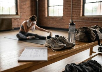 Iemand pakt na een training rustig zijn spullen in een lege sportzaal