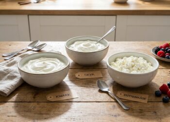 Schaaltjes magere kwark, skyr en hüttenkäse naast elkaar op een lichte keukentafel