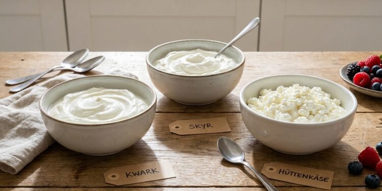 Schaaltjes magere kwark, skyr en hüttenkäse naast elkaar op een lichte keukentafel