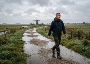 Man wandelt stevig door de polder in lichte herfstregen