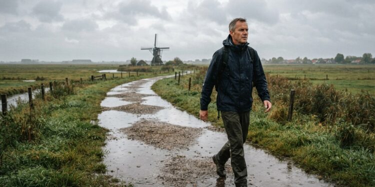 Man wandelt stevig door de polder in lichte herfstregen