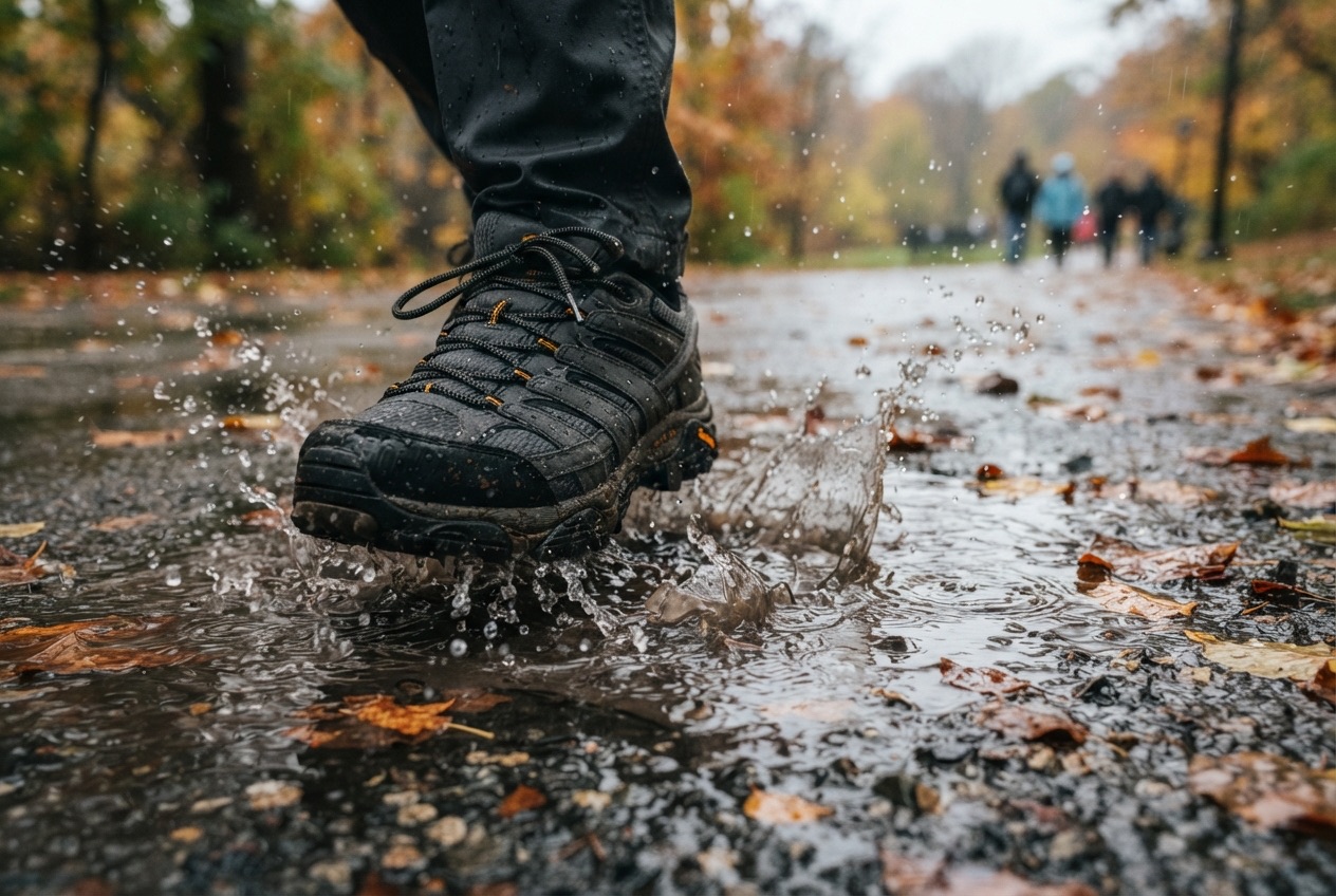 Waterdichte herenwandelschoenen stappen door een plas op een nat fietspad