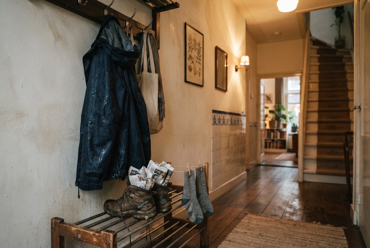 Natte regenjas en wandelschoenen met krantenpapier die drogen in de gang